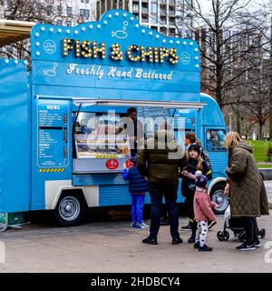 London England UK January 02 2022, People Queuing Outside A Mobile Pop-up Fish And Chip Van For Takeaway Food Stock Photo