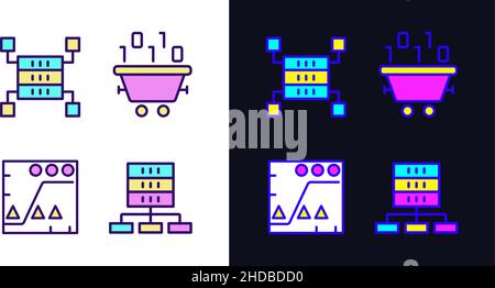 Dataset processing light and dark theme RGB color pixel perfect icons set Stock Vector