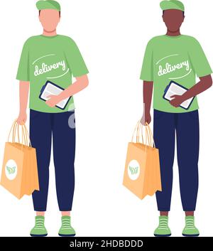 Delivery man with eco package semi flat color vector character set Stock Vector