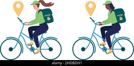 Delivery woman on bike semi flat color vector character set Stock Vector
