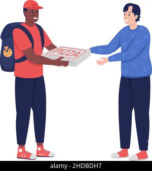 Courier giving pizza to buyer semi flat color vector characters Stock Vector
