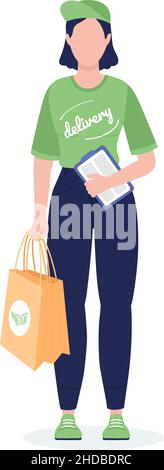 Delivery woman in green uniform semi flat color vector character Stock Vector