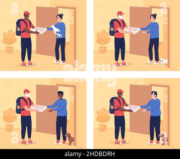 Pizza delivery to door flat color vector illustration set Stock Vector
