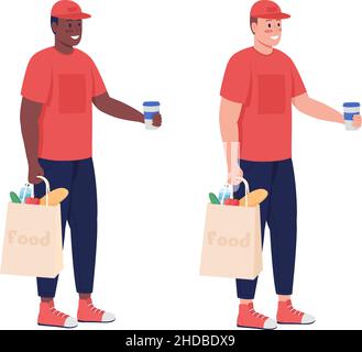 Delivery worker with food semi flat color vector character set Stock Vector