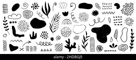 Organic shapes, spots, plants, lines, dots. Vector set of minimal trendy abstract hand drawn elements for graphic design Stock Vector