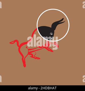 Red bull with black head. Western decor. Texas Longhorn symbol. White circle marks buffalo head. Hand-drawn graphic bull silhouette. Taurus minimal si Stock Vector
