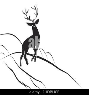 Red deer buck stands on hillside. Animal with large horns. Side view. Black and white elk silhouette. Graceful Servus hand-drawn. Scandinavian minimal Stock Vector