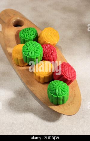 Traditional Chinese Mid-Autumn Festival Food, Colorful Rice Cakes Snowskin Mooncakes with variety of Fillings Stock Photo