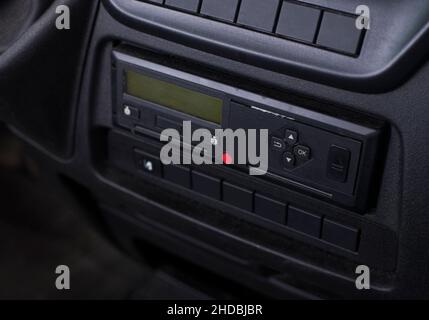 Digital tachograph in a van from an angle. Stock Photo
