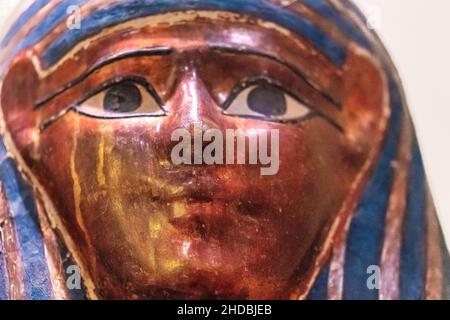 Mummy-case of Pedikhonsu from Thebes. Antique objects of the Egyptian culture seen in the Royal Ontario Museum (ROM) Jan. 5, 2022 Stock Photo