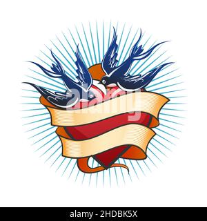Tattoo of swallowsand heart with Ribbon isolated on white. Vector illustration. Stock Vector