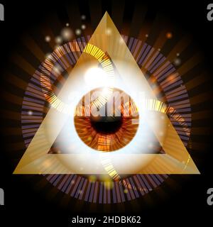 All seeing Eye Masonic Symbol in golden Triange in a Space. Vector illustration. Stock Vector