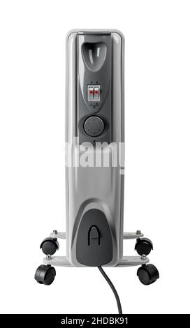 Portable oil filled electric heater isolated on a white background. Gray household appliance for heating home in a cold season. Hot space heater. Stock Photo
