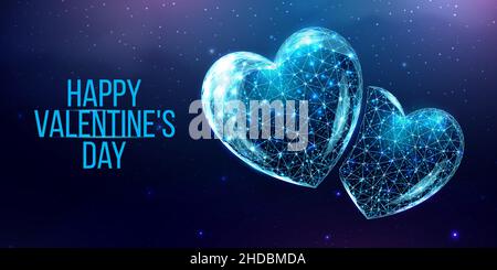 Happy Valentine's day banner. Wireframe heart in low poly style.   Abstract modern 3d vector illustration on dark blue background. Stock Vector