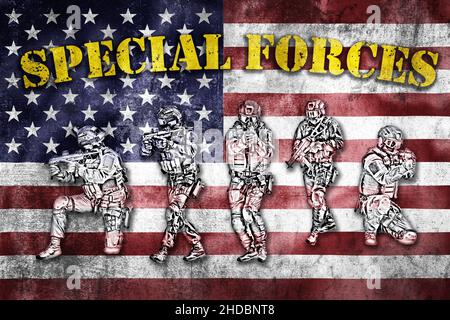 Special forces tactical team in action, unmarked and unrecognizable swat team with US flag background, special forces of United states of America Stock Photo