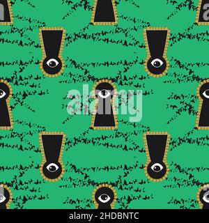 Seamless pattern keyhole eye looking at green background with doodle vector image Stock Vector
