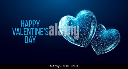 Happy Valentine's day banner. Wireframe heart in low poly style.   Abstract modern 3d vector illustration on dark blue background. Stock Vector
