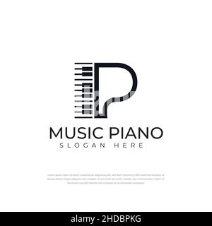 Logo letter P piano instrument or playing music. with an illustrated keyboard. two variations of black on white background isolated. apply to logo app Stock Vector