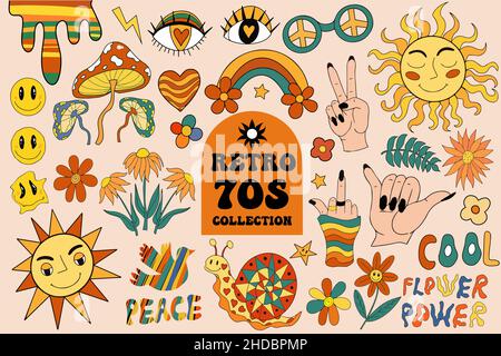 Retro 70's psychedelic hippie flowers illustration print for t-shirt or  sticker poster Stock Vector