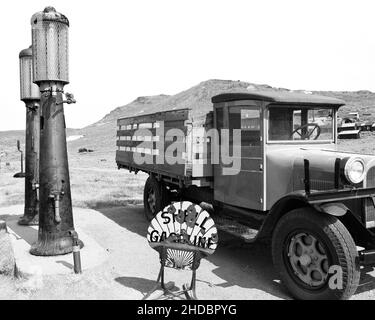 Black and white high key rendition of shell gas station, Bodie State Park, on a cloudless day and plenty of copy-space. Bodie is a California gold min Stock Photo