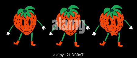 Retro funny strawberry crazy and smeared with smiley face. Distorted fruit. Hippie groovy smile character vector set. Vector illustration. Stock Vector