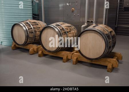 Old oak wood barrels with beer in the underground cellar Stock Photo
