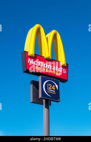 Turku, Finland - August 6, 2021: McDonald's restauraunt sign. The McDonald's Corporation is the world's largest chain of hamburger fast food restauran Stock Photo