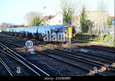A class 375 passenger train approaching Tonbridge station on a winters morning in January 2022 in the UK. Stock Photo
