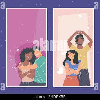 Happy young interracial couples in love collection vector cartoon ...