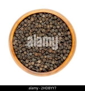 Cubeb berries known as tailed pepper or Java pepper in wooden bowl. Dark brown berries with their stalks still attached. Dried fruits of Piper cubeba. Stock Photo