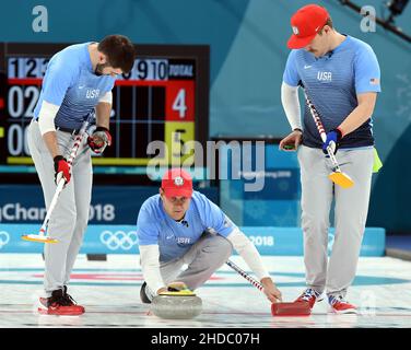 Beijing, South Korea. 24th Feb, 2018. John Shuster (C) of the United States competes during the men's curling final against Switzerland at the 2018 Pyeong Chang Winter Olympic Games at Gangneung Curling Centre, Gangnueng, South Korea, Feb. 24, 2018. Credit: Ma Ping/Xinhua/Alamy Live News Stock Photo