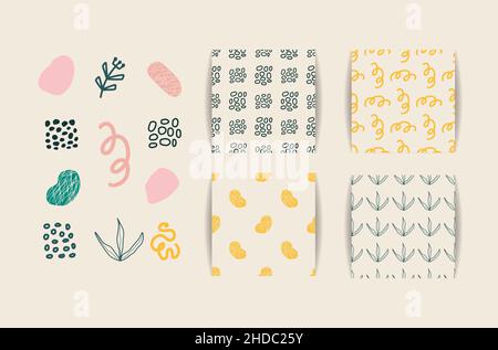Collection seamless patterns of abstract trendy hand drawn shapes and design elements. Vector illustration Stock Vector