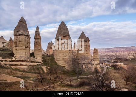 Magnificent landscape of Turkish Cappadocia. Weathering stone pillars in a valley near Goreme Stock Photo