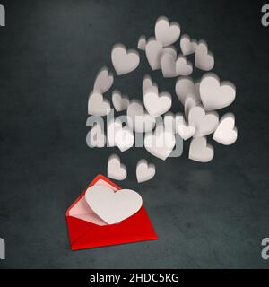 Love letter concept. A red envelope with a paper heart. Several other paper hearts falling down - motion blur. Stock Photo