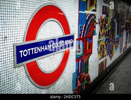 A tube sign at Tottenham Court Road underground station in London ...