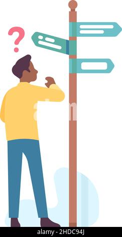 Man looking at signpost. Choosing right way concept Stock Vector