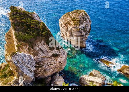 More spectacular view of the chalk cliffs and the steep coast from the boat, Bonifacio, Corsica, Bonifacio, Corsica, France Stock Photo