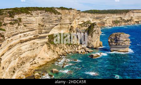 More spectacular view of the chalk cliffs and the steep coast from the boat with Grain de Sable, Bonifacio, Corsica, Bonifacio, Corsica, France Stock Photo