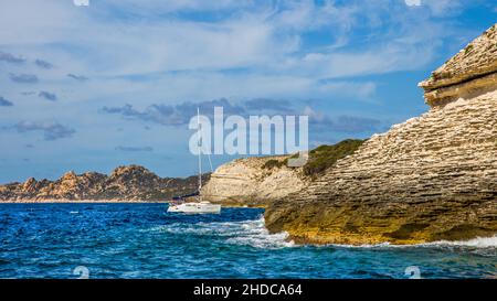 More spectacular view of the chalk cliffs and the steep coast from the boat, Bonifacio, Corsica, Bonifacio, Corsica, France, Europe Stock Photo