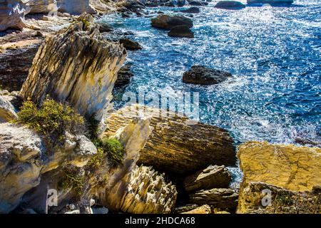 More spectacular view of the chalk cliffs and the steep coast from the boat, Bonifacio, Corsica, Bonifacio, Corsica, France Stock Photo
