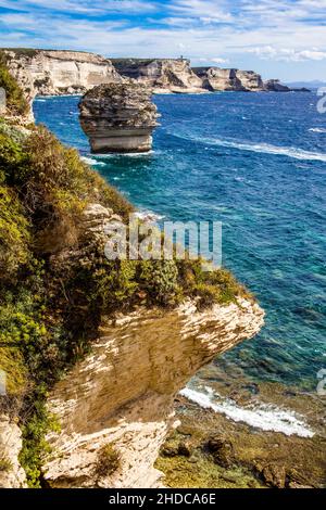 More spectacular view of the chalk cliffs and the steep coast from the boat with Grain de Sable, Bonifacio, Corsica, Bonifacio, Corsica, France Stock Photo