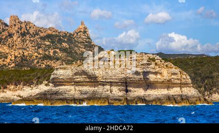 More spectacular view of the chalk cliffs and the steep coast from the boat, Bonifacio, Corsica, Bonifacio, Corsica, France, Europe Stock Photo