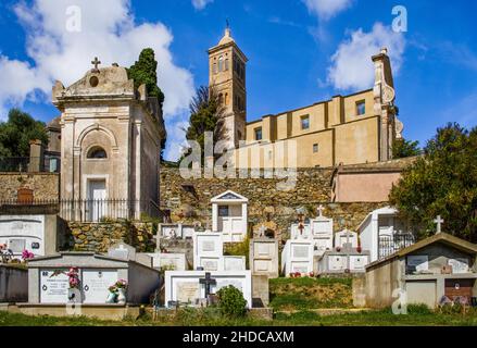 Rogliano on the hillside with several churches and a cemetery with magnificent family tombs, Cap Corse, Corsica, Rogliano, Corsica, France, Europe Stock Photo