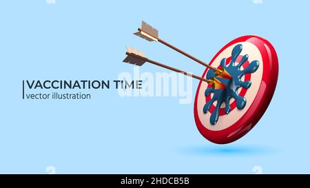 Vaccination concept - Realistic 3d target with COVID-19 virus Icon and arrow isolated on a blue background. 3d render of Vaccination concept. Realistic vector. Stock Vector