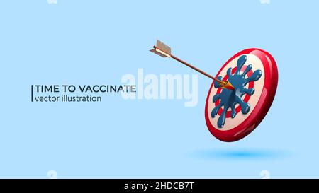 Time to Vaccinate - Realistic 3d target with COVID-19 virus Icon and arrow isolated on a blue background. 3d render of Vaccination concept. Realistic vector. Stock Vector