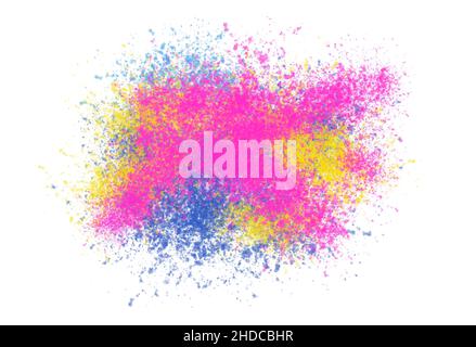Abstract clouds of color. Colorful texture background of fluid powder explosion in pink, blue and yellow isolated on white. Design for poster, banner, Stock Photo