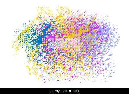 Abstract clouds of color. Colorful texture background of fluid powder explosion in pink, blue and yellow isolated on white. Design for poster, banner, Stock Photo