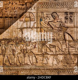 Ancient Egyptian temple wall relief with hieroglyphics and carved ...
