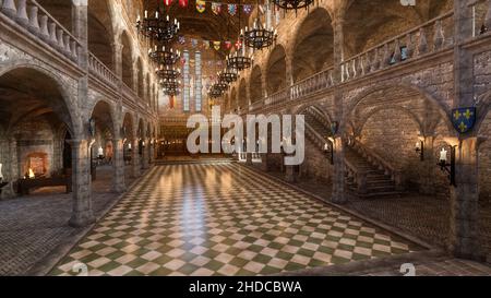 Medieval great hall in a palace or castle. 3D illustration. Stock Photo