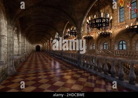 Long balcony with tiled floor overlooking the great hall in a medieval castle or palace. 3D illustration. Stock Photo